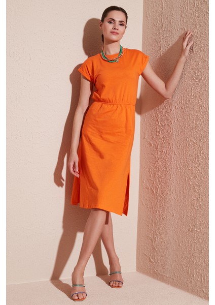 Pamuklu Kısa Kollu Çift Yırtmaçlı Midi Elbise Bayan Elbise 5864205