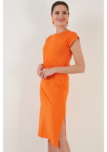 Pamuklu Kısa Kollu Çift Yırtmaçlı Midi Elbise Bayan Elbise 5864205 fiyatları