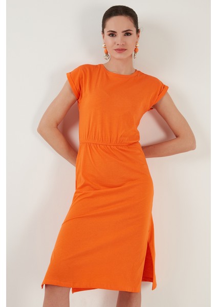 Pamuklu Kısa Kollu Çift Yırtmaçlı Midi Elbise Bayan Elbise 5864205 modelleri