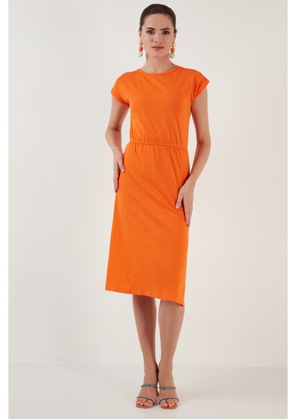 Pamuklu Kısa Kollu Çift Yırtmaçlı Midi Elbise Bayan Elbise 5864205 fırsatları