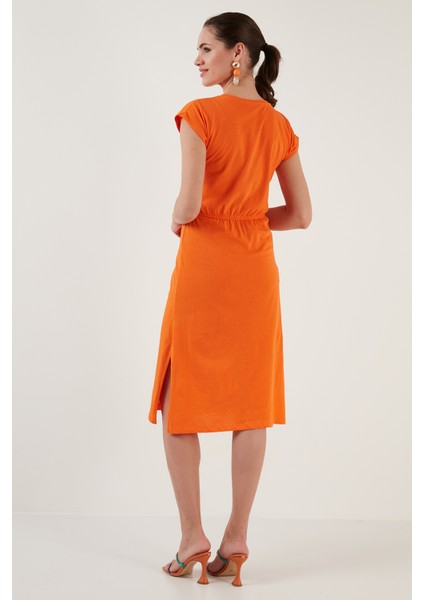 Pamuklu Kısa Kollu Çift Yırtmaçlı Midi Elbise Bayan Elbise 5864205 indirimleri