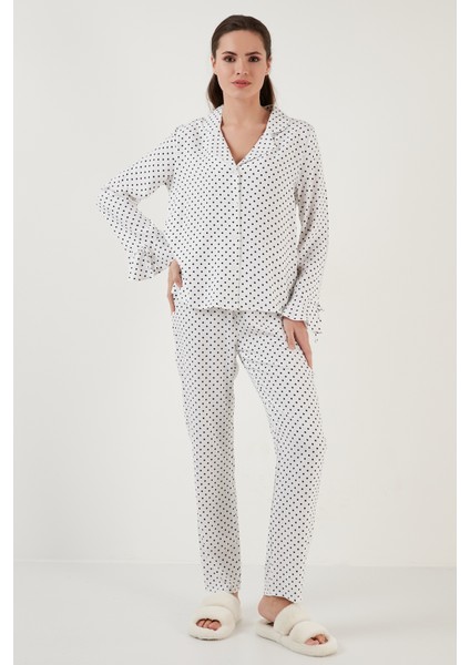 Puantiyeli Rahat Kesim Gömlek Yaka Bol Paça Pijama Takımı Bayan Pijama Takımı 6110310