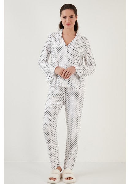 Puantiyeli Rahat Kesim Gömlek Yaka Bol Paça Pijama Takımı Bayan Pijama Takımı 6110310