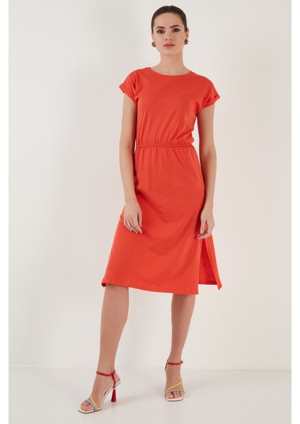 Pamuklu Kısa Kollu Çift Yırtmaçlı Midi Elbise Bayan Elbise 5864205