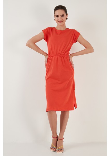 Pamuklu Kısa Kollu Çift Yırtmaçlı Midi Elbise Bayan Elbise 5864205 fırsatları