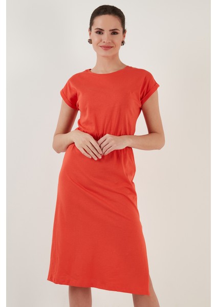 Pamuklu Kısa Kollu Çift Yırtmaçlı Midi Elbise Bayan Elbise 5864205 indirimleri