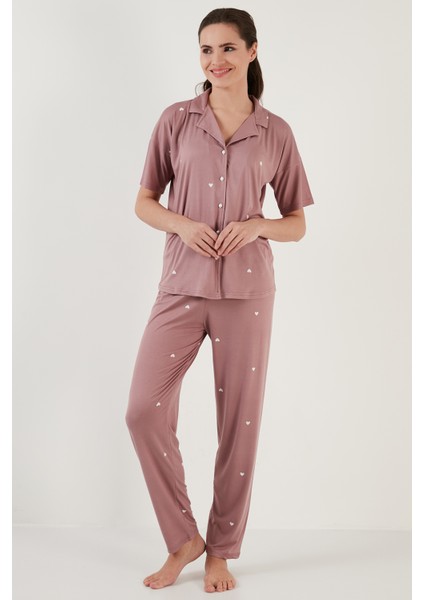 Desenli Kısa Kollu Beli Lastikli Gömlek Yaka Dokuma Pijama Takım Bayan Pijama Takımı 6097515