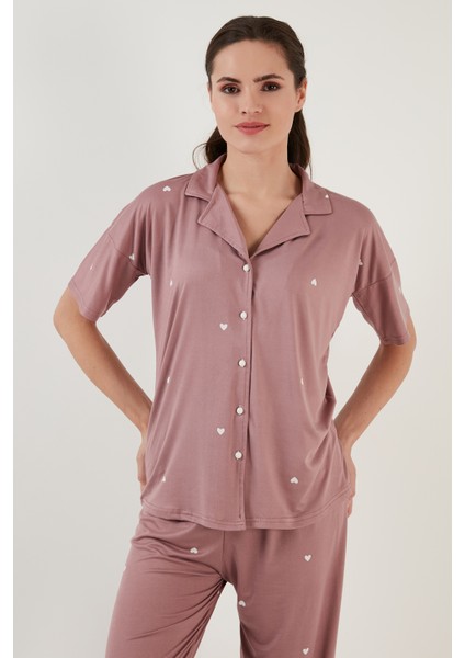 Desenli Kısa Kollu Beli Lastikli Gömlek Yaka Dokuma Pijama Takım Bayan Pijama Takımı 6097515