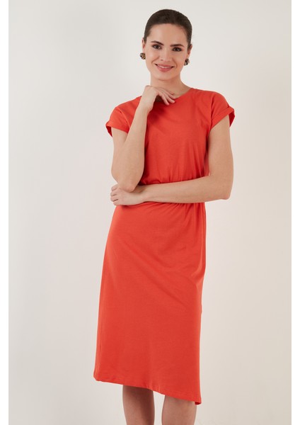 Pamuklu Kısa Kollu Çift Yırtmaçlı Midi Elbise Bayan Elbise 5864205 modelleri