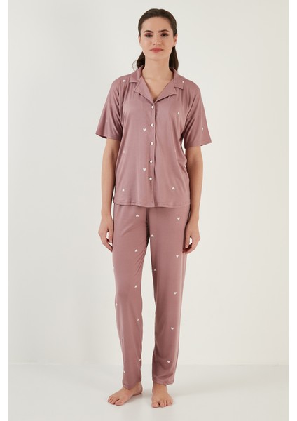 Desenli Kısa Kollu Beli Lastikli Gömlek Yaka Dokuma Pijama Takım Bayan Pijama Takımı 6097515
