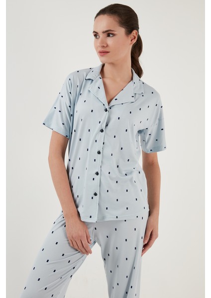 Desenli Kısa Kollu Beli Lastikli Gömlek Yaka Dokuma Pijama Takım Bayan Pijama Takımı 6097515 modelleri