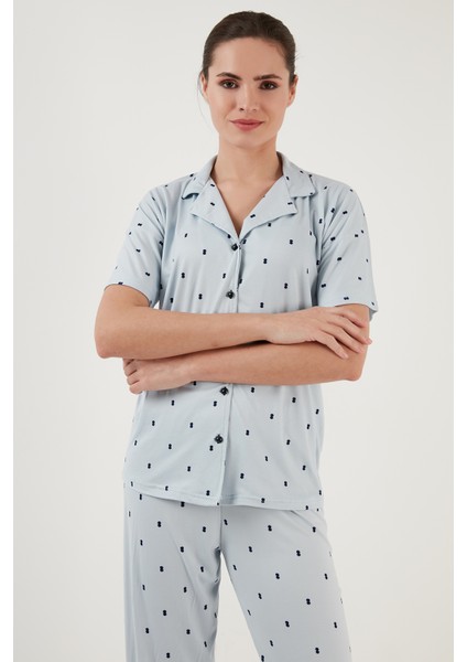 Desenli Kısa Kollu Beli Lastikli Gömlek Yaka Dokuma Pijama Takım Bayan Pijama Takımı 6097515 fırsatları