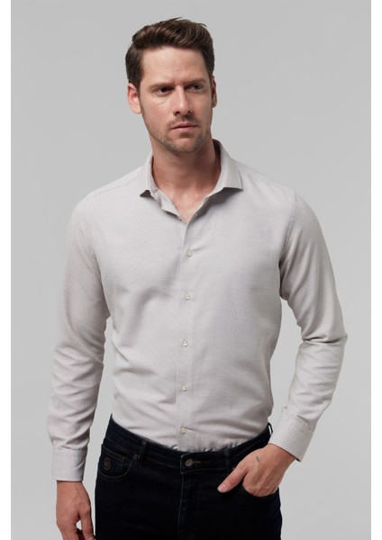 Slim Fit Kahverengi Armürlü Gömlek 9EF022111288M