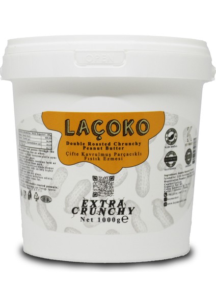 LAÇOKO  1 KG Şekersiz, Katkısız, Glutensiz, Vegan, Doğal Çifte Kavrulmuş Parçacıklı Extra Crunchy Yer Fıstığı Ezmesi (1 KG)