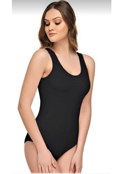 Kadın 6"lı Siyah Kalın Askılı Pamuklu Likralı Kancalı Çıtçıtlı Body Zıbın 0149