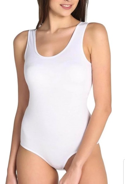 6"lı Kadın Beyaz Kalın Askılı Pamuklu Likralı Kancalı Body Zıbın 0071
