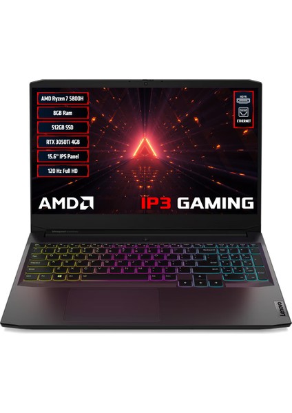 Ideapad Gaming 3 82K2023DTX Ryzen7 5800H 8gb 512GB SSD RTX3050TI 15.6" Fhd IPS 120Hz Free Dos Dizüstü Bilgisayar