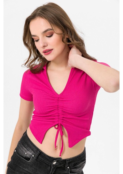 Kadın Önü Büzgü Detaylı Crop Bluz
