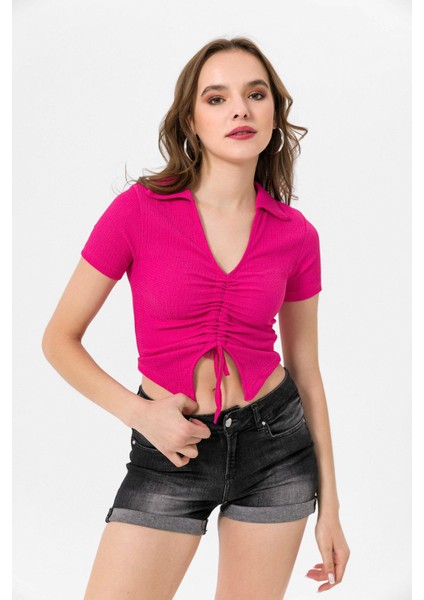Kadın Önü Büzgü Detaylı Crop Bluz