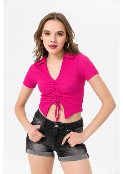 Kadın Önü Büzgü Detaylı Crop Bluz