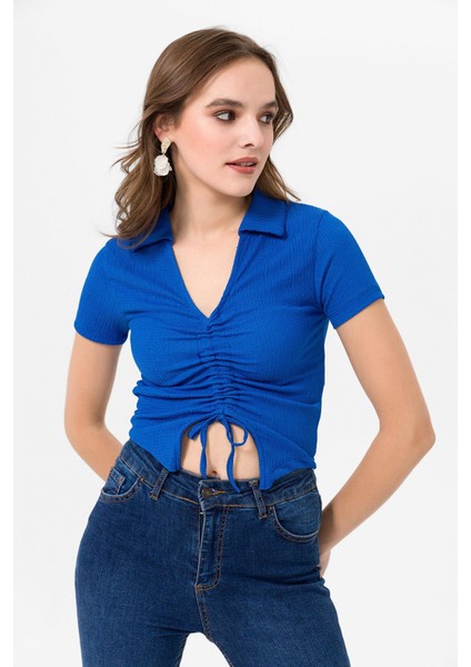 Kadın Önü Büzgü Detaylı Crop Bluz modelleri