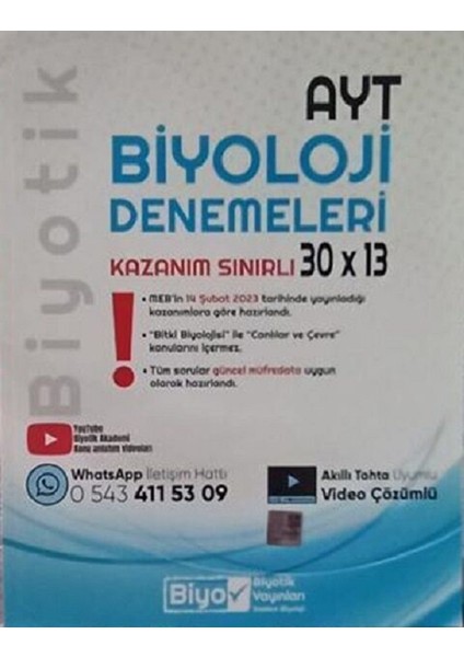 Biyotik Yayınları  AYT Biyoloji Kazanım Sınırlı 30 x 13 Denemeleri