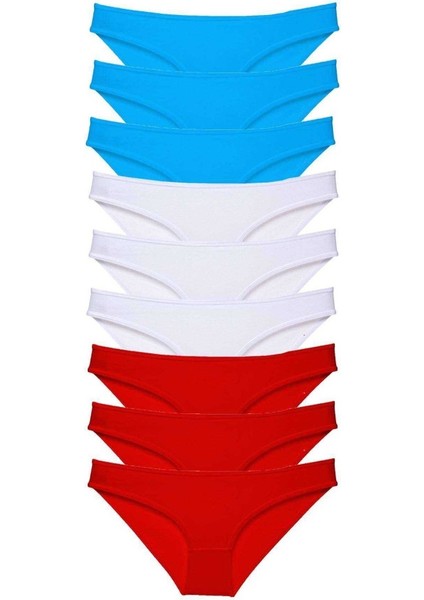 9 adet Süper Eko Set Likralı Kadın Slip Külot Kırmızı Beyaz Mavi