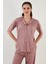 Desenli Kısa Kollu Beli Lastikli Gömlek Yaka Dokuma Pijama Takım Bayan Pijama Takımı 6097515 3