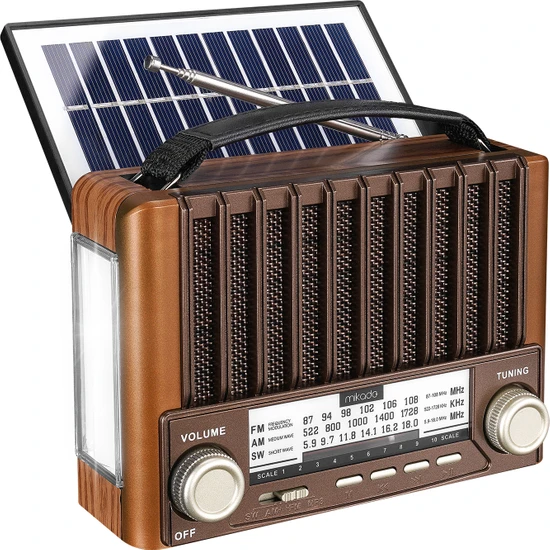 Mikado MDR-310 Ahşap Güneş Enerjili Usb-Sd- Fm/am/sw 3 Band Klasik Radyo+Işıldak Bluetooth Hoparlör