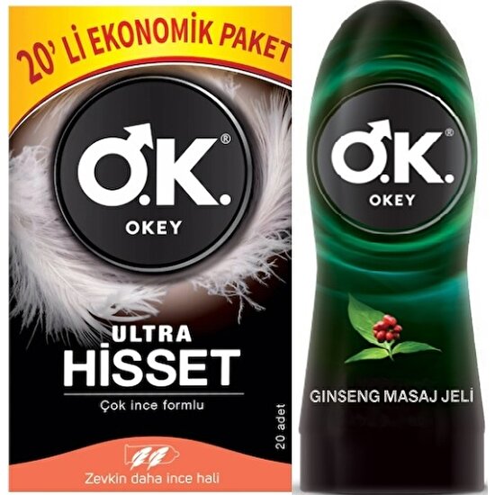 Okey Ultra Hisset 20'li Ekonomik Prezervatif + Okey Masaj Jeli Ginseng 200 ml