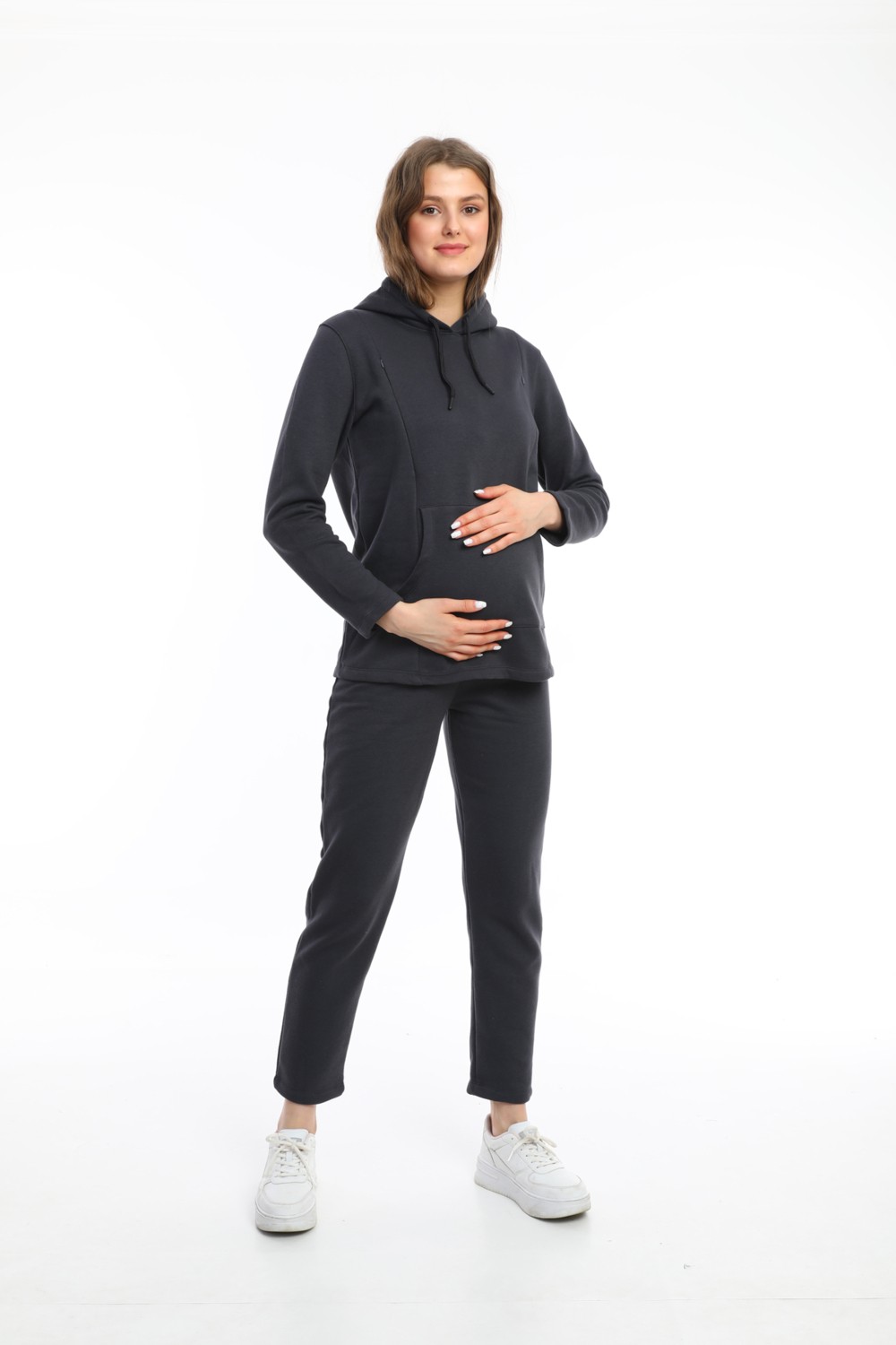 Gebbem Hamile ve Loğusa Kadın Soft Pink Bel Ölçüsü Ayarlanabilir Lastikli Yüksek Bel Pamuk Jogger Pantalon