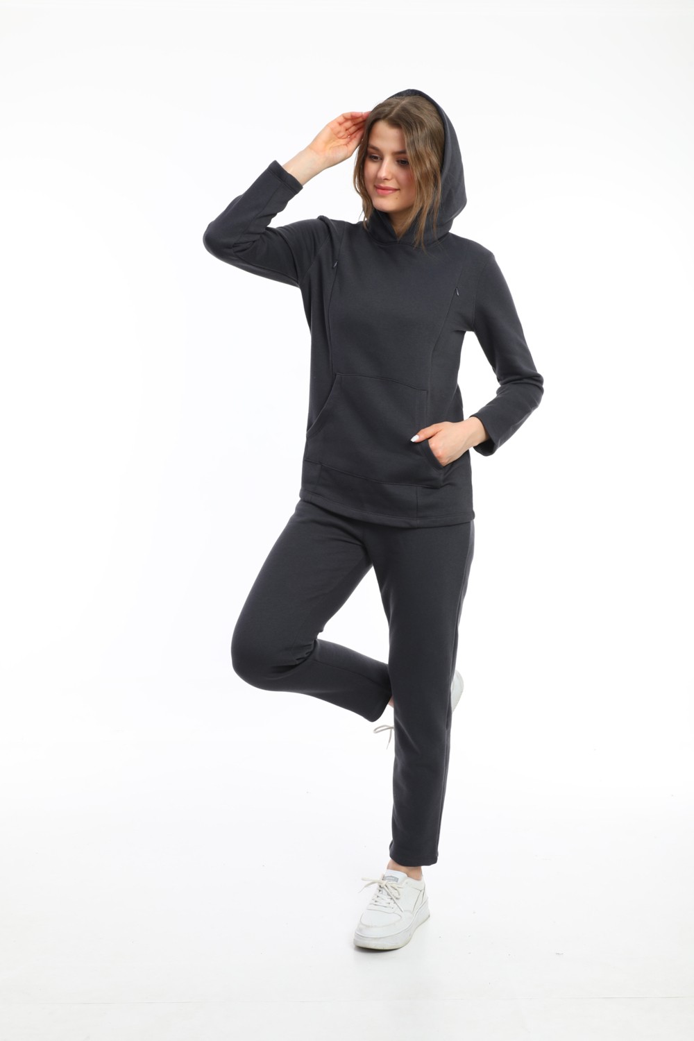 Gebbem Hamile ve Loğusa Kadın Soft Pink Bel Ölçüsü Ayarlanabilir Lastikli Yüksek Bel Pamuk Jogger Pantalon görsel 7