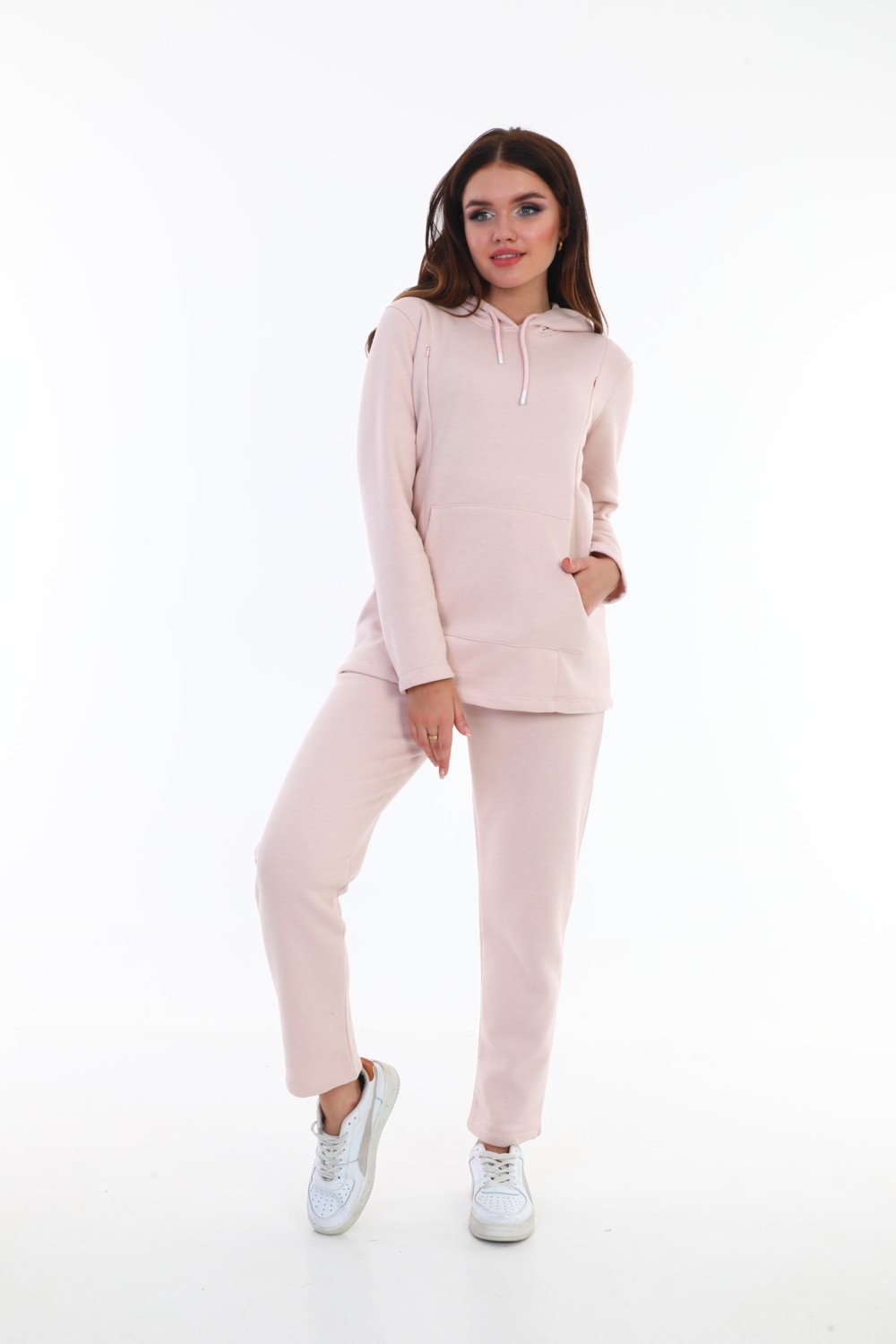 Gebbem Hamile ve Loğusa Kadın Soft Pink Bel Ölçüsü Ayarlanabilir Lastikli Yüksek Bel Pamuk Jogger Pantalon görsel 3