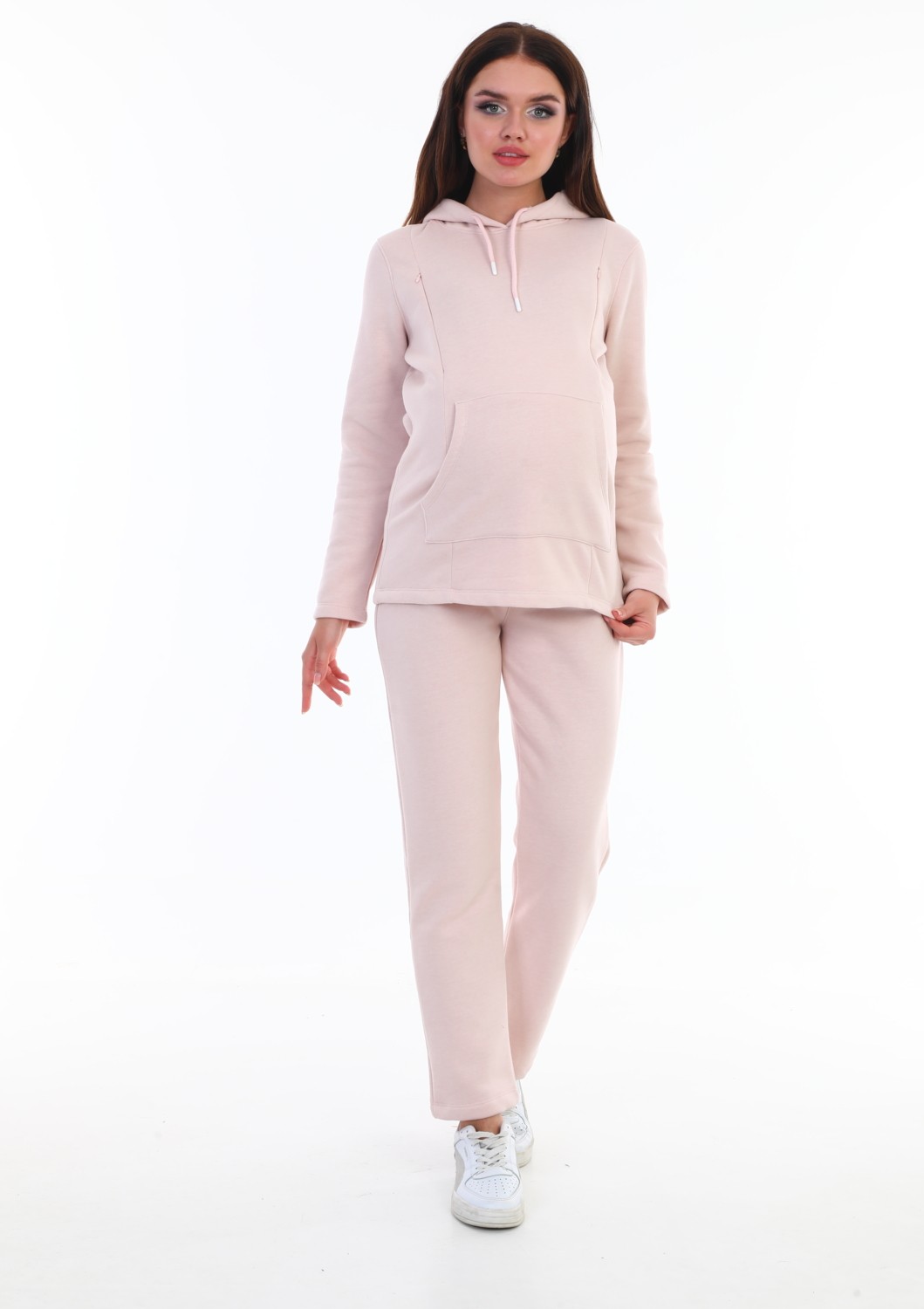 Gebbem Hamile ve Loğusa Kadın Soft Pink Bel Ölçüsü Ayarlanabilir Lastikli Yüksek Bel Pamuk Jogger Pantalon görsel 4