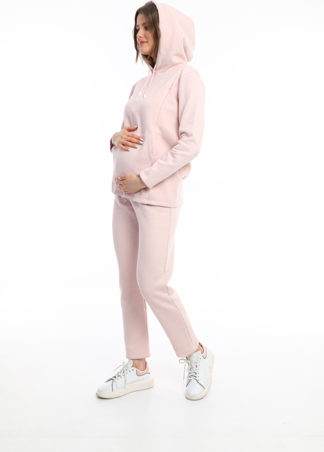Gebbem Hamile ve Loğusa Kadın Soft Pink Bel Ölçüsü Ayarlanabilir Lastikli Yüksek Bel Pamuk Jogger Pantalon