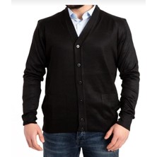 Fresh Moda Erkek Siyah Ince Yün Triko Örgü Baba Cepli Hırka