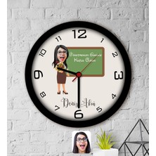 Bk Gift Kişiye Özel Öğretmen Karikatürlü Ahşap Duvar Saati-1