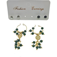 X-lady Accessories Fashion Earrings Altın Renk Yeşil Boncuk Şık Sallantılı El Işi Kombin Küpe - 2226