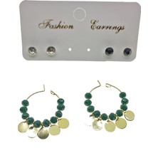 X-lady Accessories Fashion Earrings Altın Renk Yeşil Boncuk Yuvarlak Pullu Şık Sallantılı El Işi Kombin Küpe - 2224
