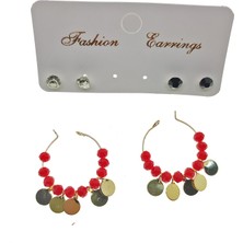 X-lady Accessories Fashion Earrings Altın Renk Kırmızı Boncuk Yuvarlak Pullu Şık Sallantılı El Işi Kombin Küpe - 2220
