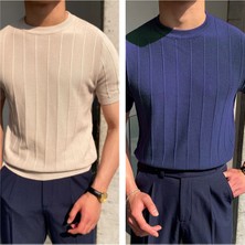 Cool Tarz Vizon-Lacivert 2'li Erkek Yuvarlak Yaka Örme T-Shirt