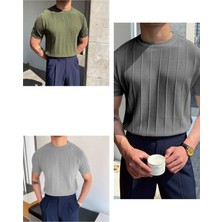 Tarz Cool Füme-Haki-Gri 3'lü Erkek Yuvarlak Yaka Örme T-Shirt