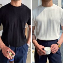 Tarz Cool Siyah-Beyaz 2'li Erkek Yuvarlak Yaka Örme T-Shirt