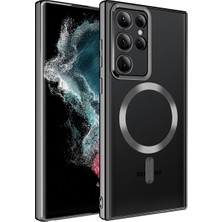 Case 4U Samsung Galaxy S22 Ultra Uyumlu Kılıf Magsafe Wireless Şarj Destekli Kamera Korumalı Şeffaf Kenarları Renkli Setro Kapak Siyah