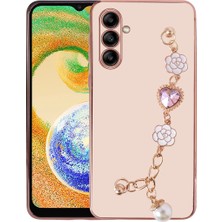 Case 4U Samsung Galaxy A13 5G Uyumlu Kılıf El Tutamaçlı Kamera Korumalı Zincirli Taka Silikon Kapak Pembe