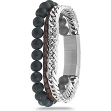 FRNCH 316L Çelik ve Doğal Taşlı Siyah Renkli Erkek Bileklik FRJ11778-1878-S