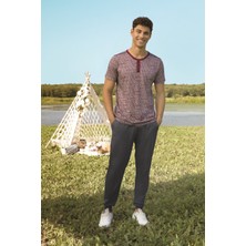 Doreanse Erkek Gri Bordo Desenli Düğmeli Bisiklet Yaka T-Shirt Pijama Takımı 4743