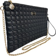 Silver Polo Siyah Kare Nakış Modeli Kadın El Çantası Clutch Sp