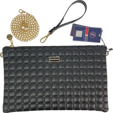 Silver Polo Siyah Kare Nakış Modeli Kadın El Çantası Clutch Sp