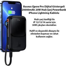 Baseus Qpow Pro Dijital Göstergeli 20000MAH 20W Hızlı Şarj Powerbank iPhone Lightning Kablolu